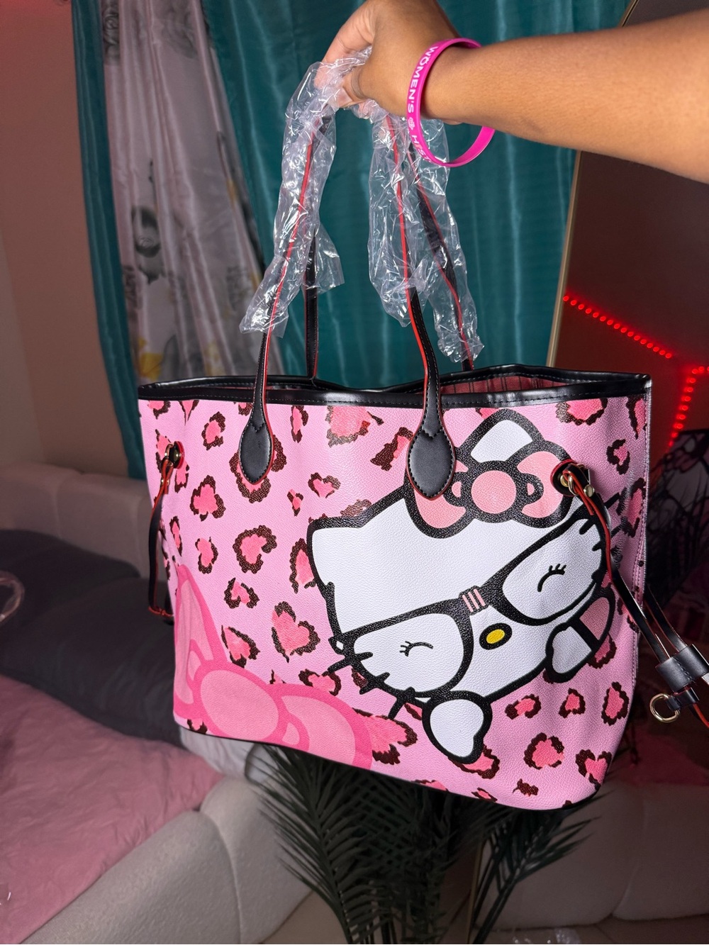 Hello Kitty Leopard Print Pink Tote Bag with Black Trim